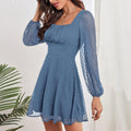 Square Neck Ruched Bust Swiss Dot Bishop Sleeve Fit and Flare Mini Dress