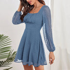 Square Neck Ruched Bust Swiss Dot Bishop Sleeve Fit and Flare Mini Dress