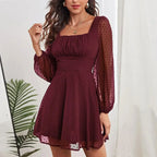 Square Neck Ruched Bust Swiss Dot Bishop Sleeve Fit and Flare Mini Dress