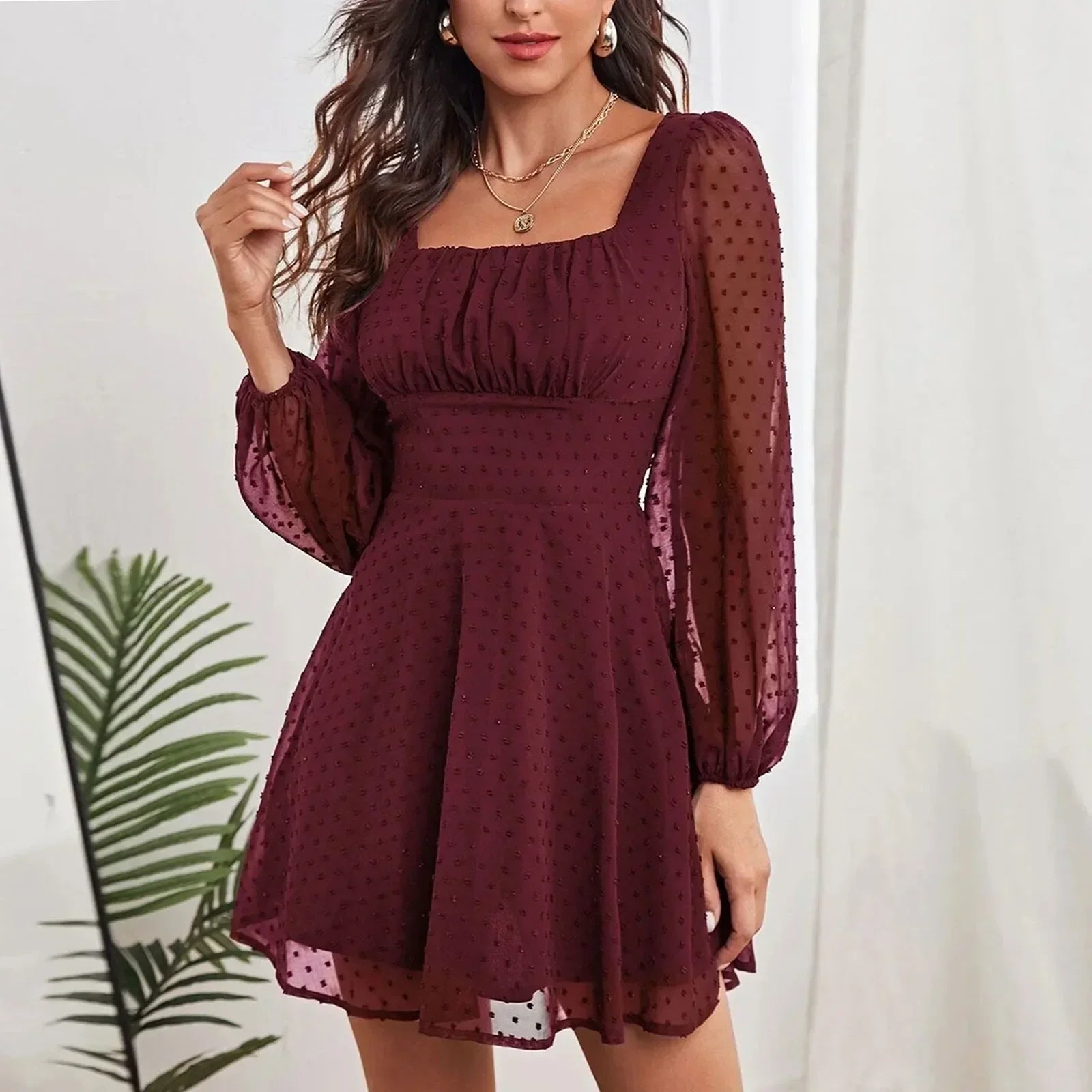 Square Neck Ruched Bust Swiss Dot Bishop Sleeve Fit and Flare Mini Dress
