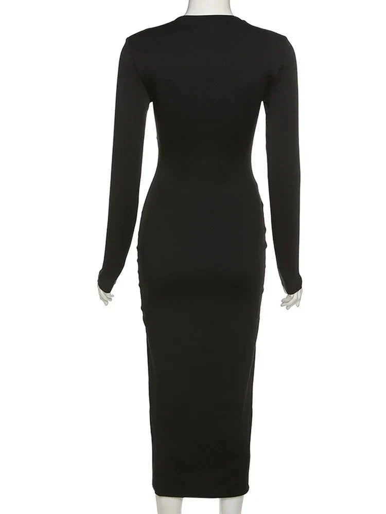 Long Sleeve Criss Cross Strap Plunge Neck Side Slit Bodycon Midi Dress