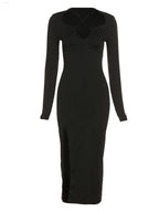 Long Sleeve Criss Cross Strap Plunge Neck Side Slit Bodycon Midi Dress