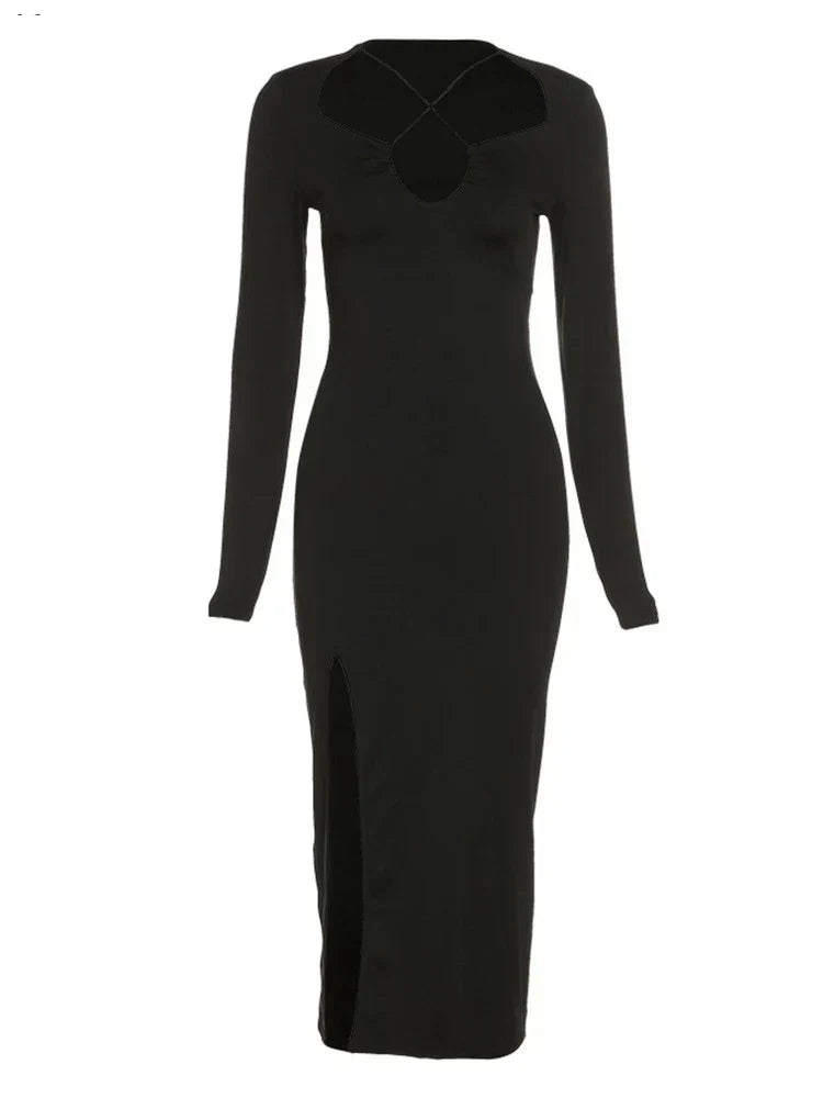 Long Sleeve Criss Cross Strap Plunge Neck Side Slit Bodycon Midi Dress