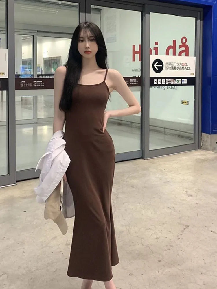 Spaghetti Strap Scoop Neck Bodycon Column Maxi Dress