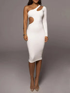 One Shoulder Long Sleeve Chest Cutout Side Waist Bodycon Midi Dress