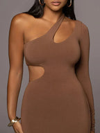 One Shoulder Long Sleeve Chest Cutout Side Waist Bodycon Midi Dress