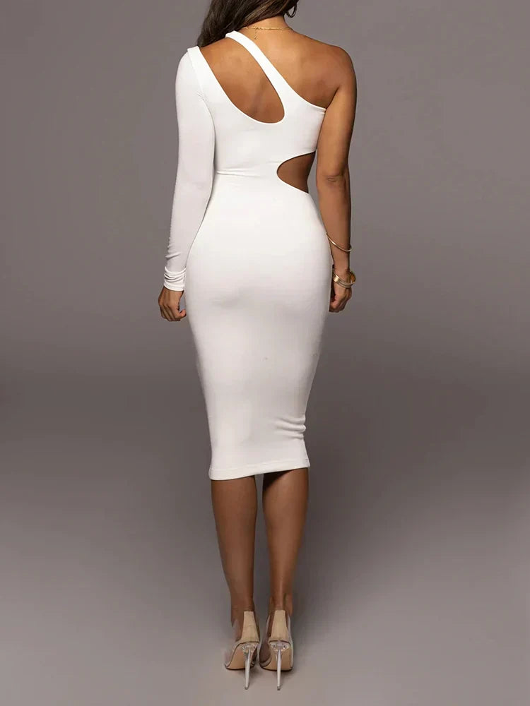 One Shoulder Long Sleeve Chest Cutout Side Waist Bodycon Midi Dress
