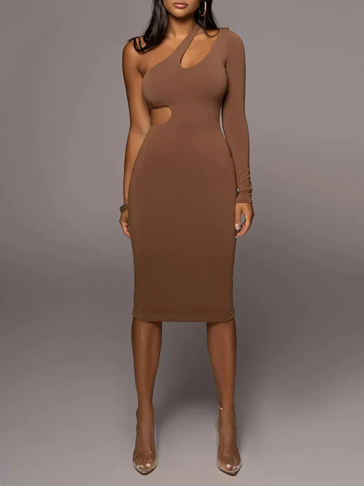 One Shoulder Long Sleeve Chest Cutout Side Waist Bodycon Midi Dress