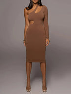 One Shoulder Long Sleeve Chest Cutout Side Waist Bodycon Midi Dress