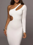One Shoulder Long Sleeve Chest Cutout Side Waist Bodycon Midi Dress