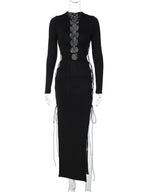 Lace Up Cut Out Long Sleeve High Split Bodycon Maxi Dress