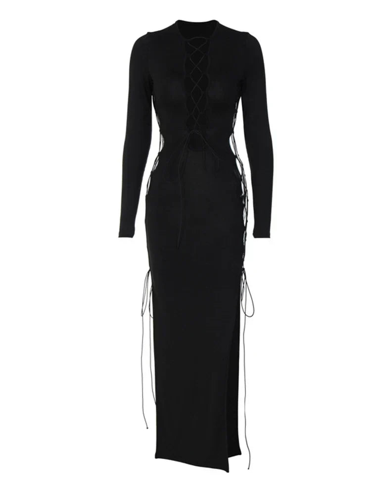 Lace Up Cut Out Long Sleeve High Split Bodycon Maxi Dress