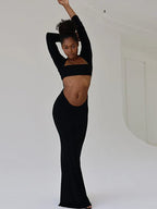 Square Neck Long Sleeve Midriff Cut Out Bodycon Maxi Dress