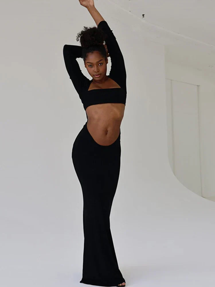 Square Neck Long Sleeve Midriff Cut Out Bodycon Maxi Dress