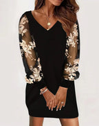 V Neck Lace Patchwork Mesh Sleeve Mini Dress