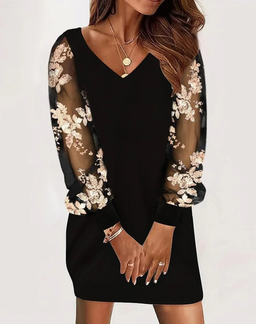 V Neck Lace Patchwork Mesh Sleeve Mini Dress