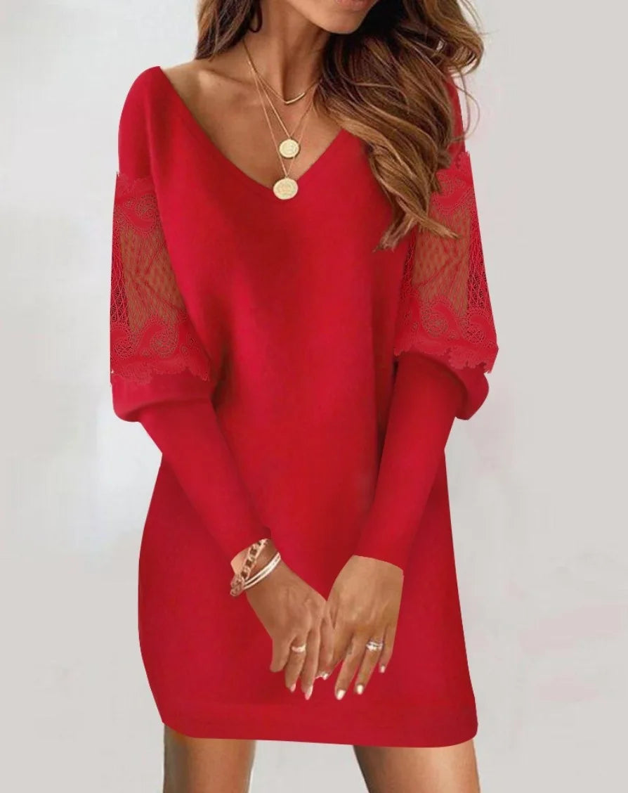 V Neck Lace Patchwork Mesh Sleeve Mini Dress
