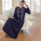 Blue Robe Dress Abaya V neck Embroidery Dress Robe