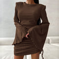 Elegant Round Neck Flared Sleeves Tight Lace Up Dress Knitted Solid Color Dress