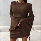 Elegant Round Neck Flared Sleeves Tight Lace Up Dress Knitted Solid Color Dress