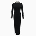 Selection Black Long Sleeve Rhinestone Split Bandage One Piece Dress