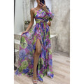 Party Casual Split Dress Loose Multi Color Oblique Shoulder Dress