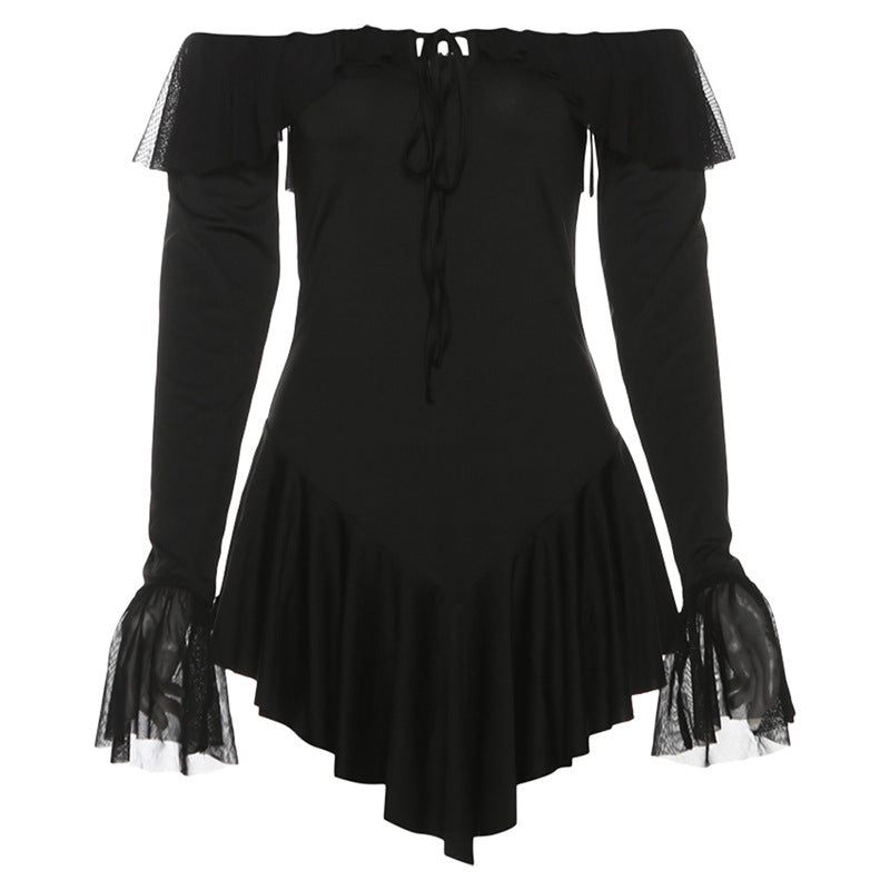 off Shoulder Backless Ruffled Solid Color Sheath Dress