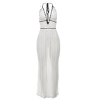 Color Contrast V Neck Halter Lace Up Backless Knitted Dress