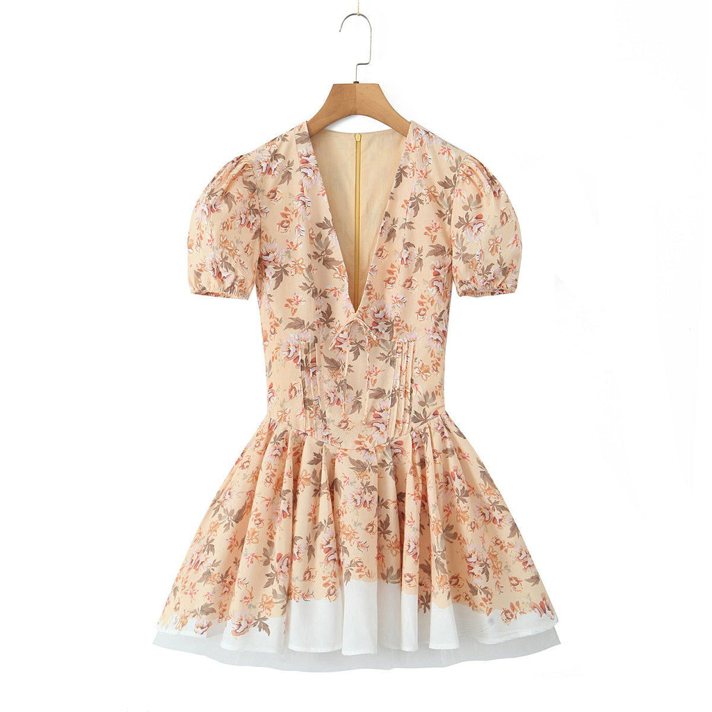 Positioning Printed V Neck Waist Tight Petti dress Holiday Dress