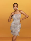 Strapless Tiered Chevron Fringe Rhinestone Embellished Mini Dress