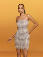 Strapless Tiered Chevron Fringe Rhinestone Embellished Mini Dress