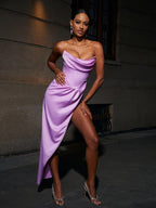 Avila Strapless Satin Maxi Dress In Violet