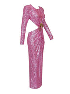 Aviva Long Sleeve Cutout Sequin Maxi Dress In Pink