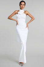 Hilia White Floral Ruched Halter Maxi Dress