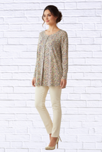 Floral Geometric Print Long Sleeve Woven Blouse _ Lightweight Round Neck Tunic Top for Women
