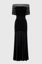 Nivenae Slinky And Mesh Off Shoulder Maxi Dress