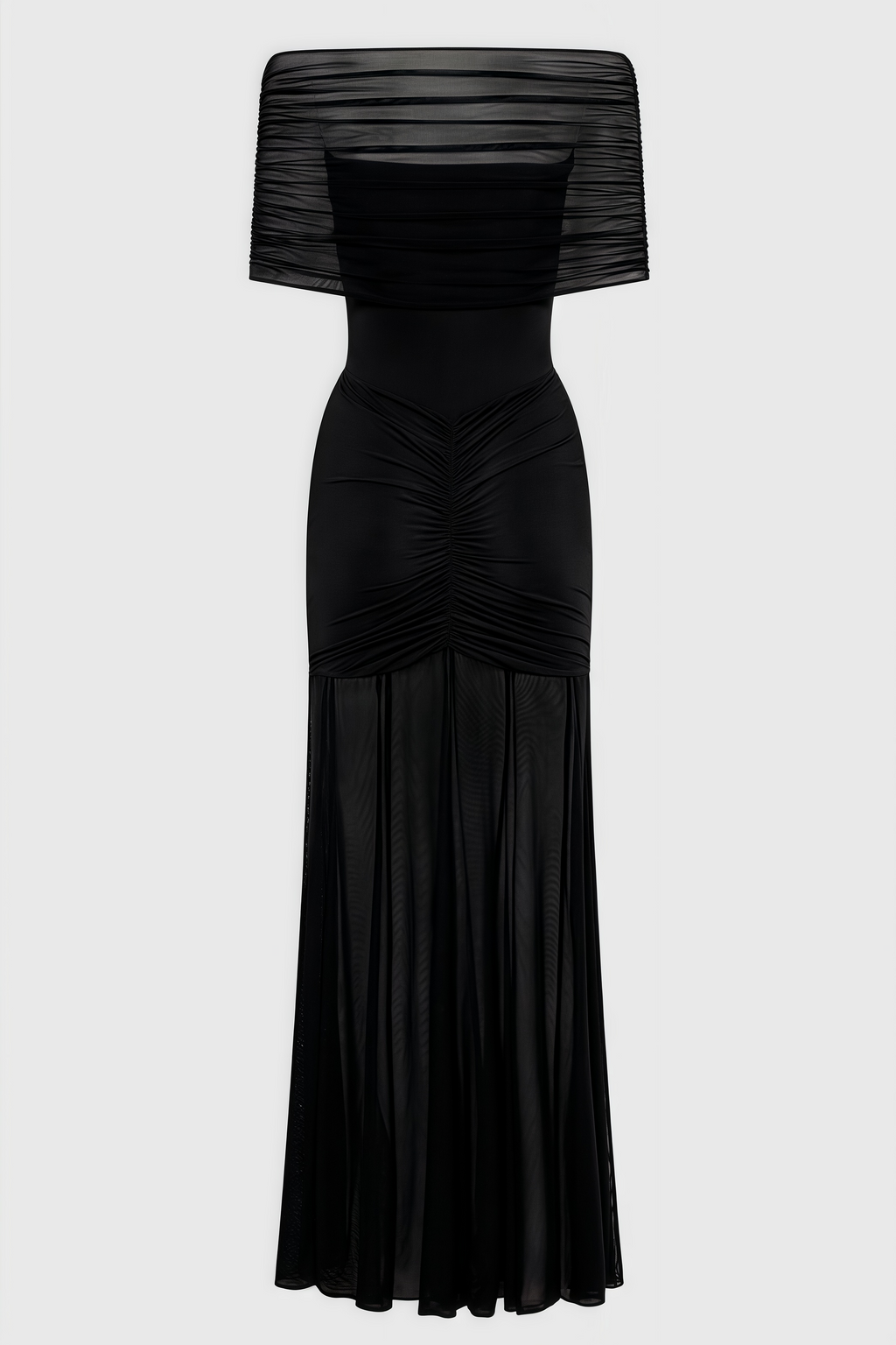 Nivenae Slinky And Mesh Off Shoulder Maxi Dress