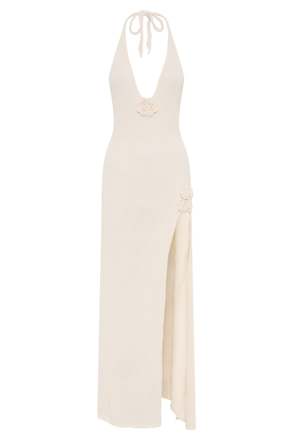 Halter Neck Floral Applique Knit High Slit Maxi Dress