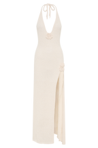 Halter Neck Floral Applique Knit High Slit Maxi Dress