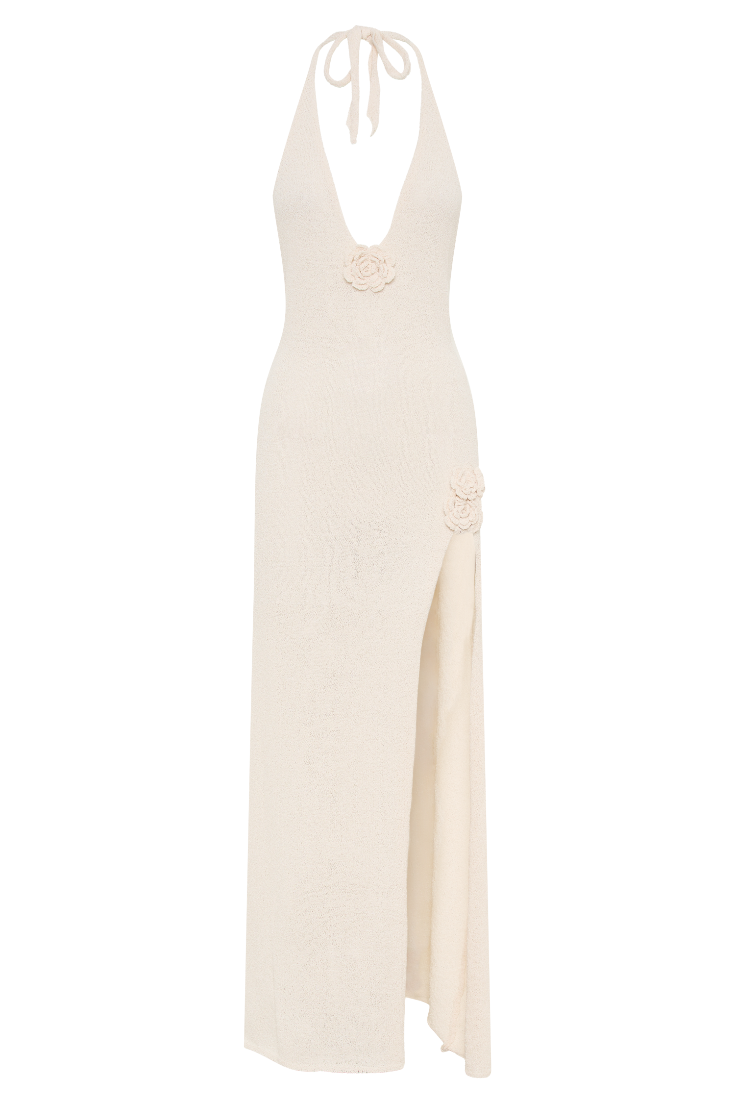 Halter Neck Floral Applique Knit High Slit Maxi Dress