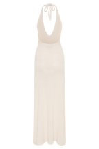 Halter Neck Floral Rosette Applique High Slit Crochet Knit Maxi Dress