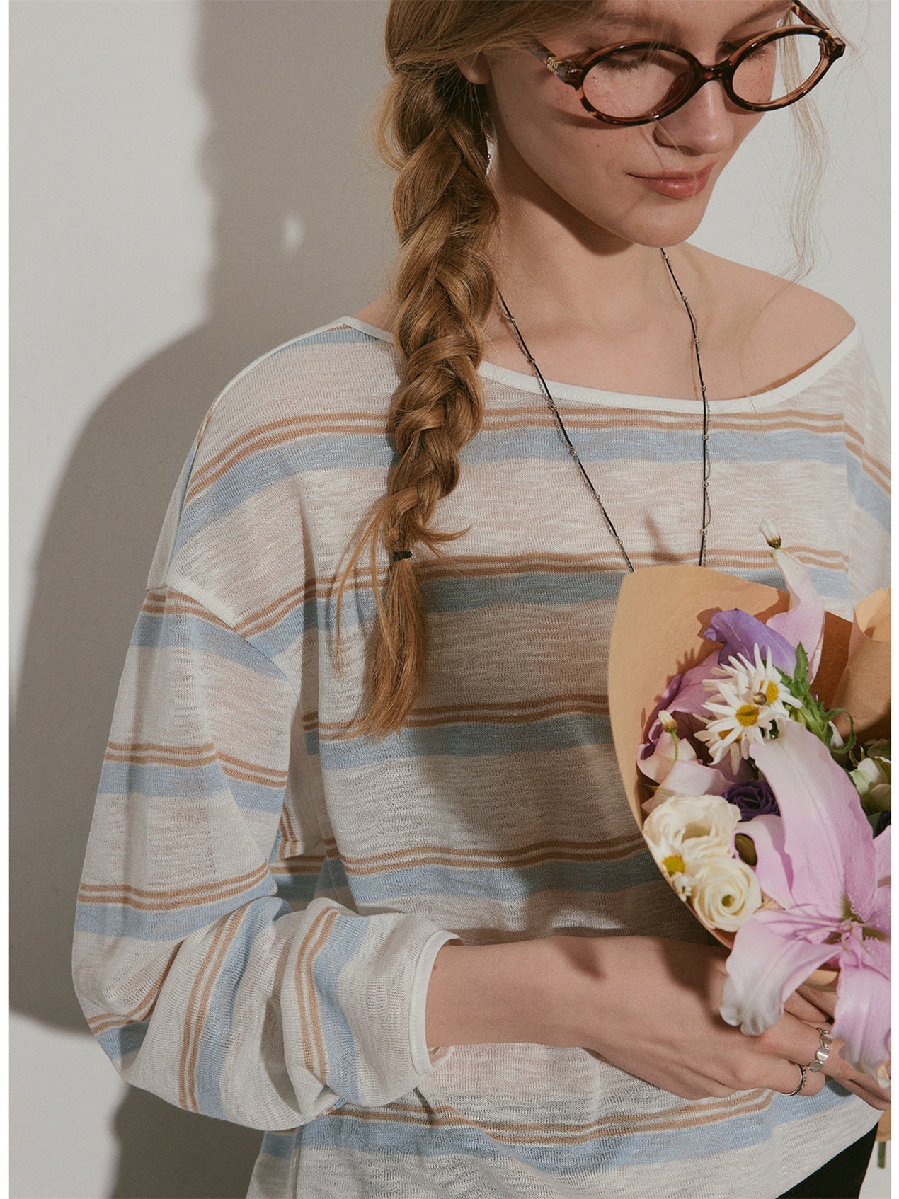Long-sleeved, Flat-patterned, Slightly Sheer Striped Cover-up