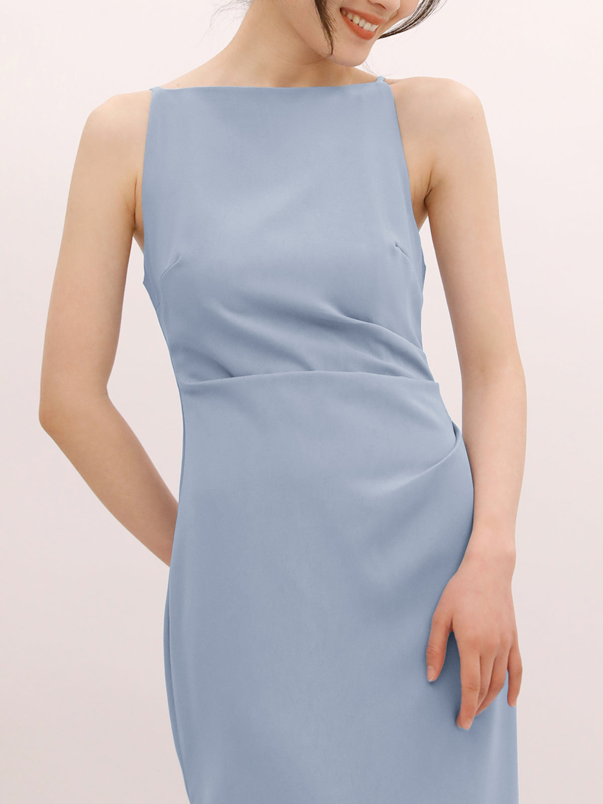 Square Neck Spaghetti Strap Back Zip Fitted A-Line Midi Dress