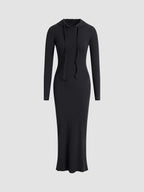 Knit Hooded Long Sleeve Drawstring Bodycon Maxi Dress