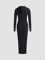 Knit Hooded Long Sleeve Drawstring Bodycon Maxi Dress