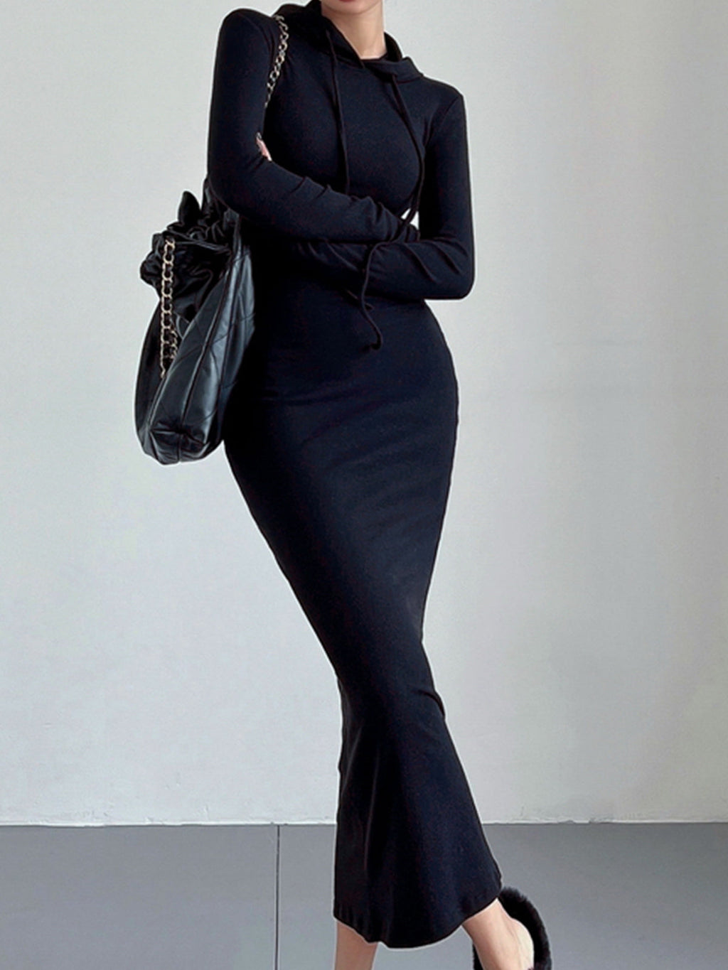Knit Hooded Long Sleeve Drawstring Bodycon Maxi Dress