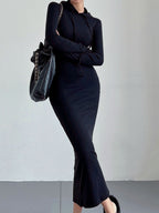 Knit Hooded Long Sleeve Drawstring Bodycon Maxi Dress