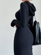 Knit Hooded Long Sleeve Drawstring Bodycon Maxi Dress