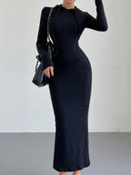 Knit Hooded Long Sleeve Drawstring Bodycon Maxi Dress