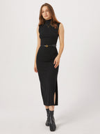 Mock Neck Ribbed Knit Sleeveless Belted Side Slit Midi Dress